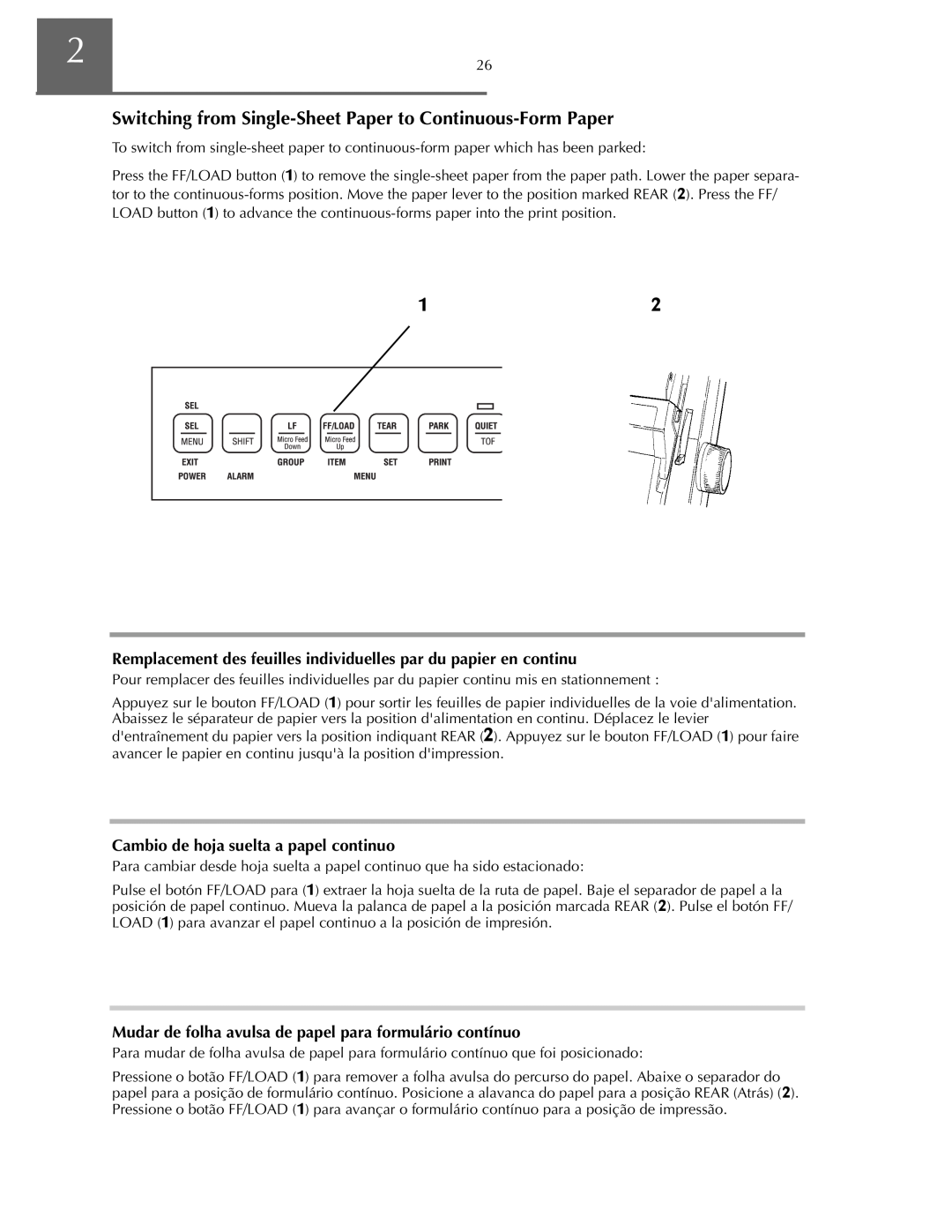 Oki ML590 manual Mudar de folha avulsa de papel para formulário contínuo 