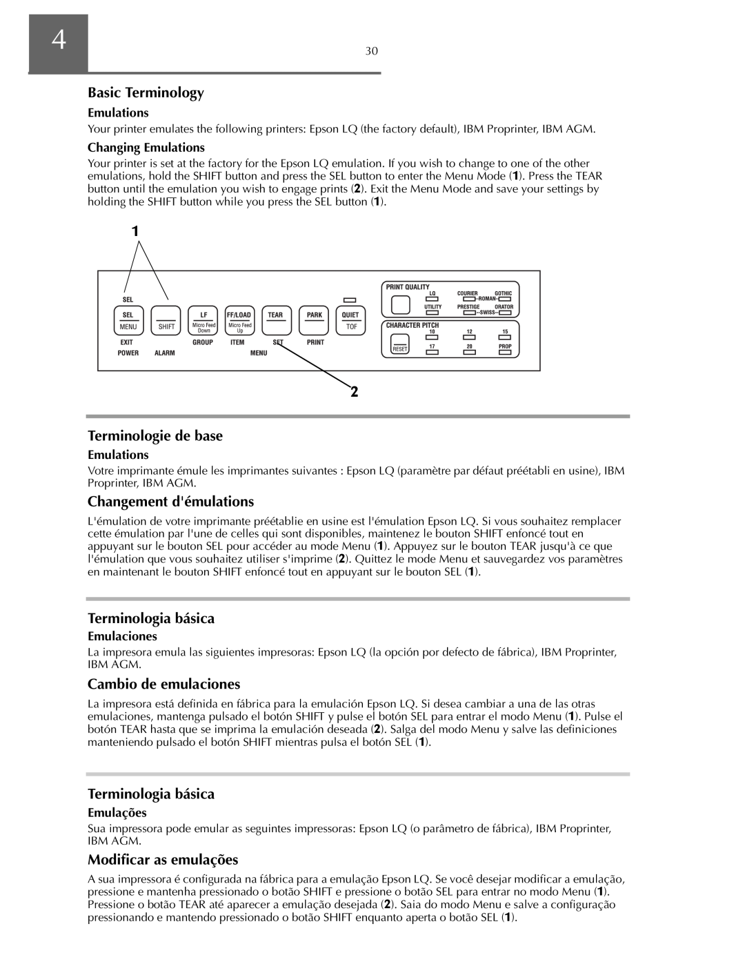 Oki ML590 Basic Terminology, Terminologie de base, Changement démulations, Terminologia básica, Cambio de emulaciones 