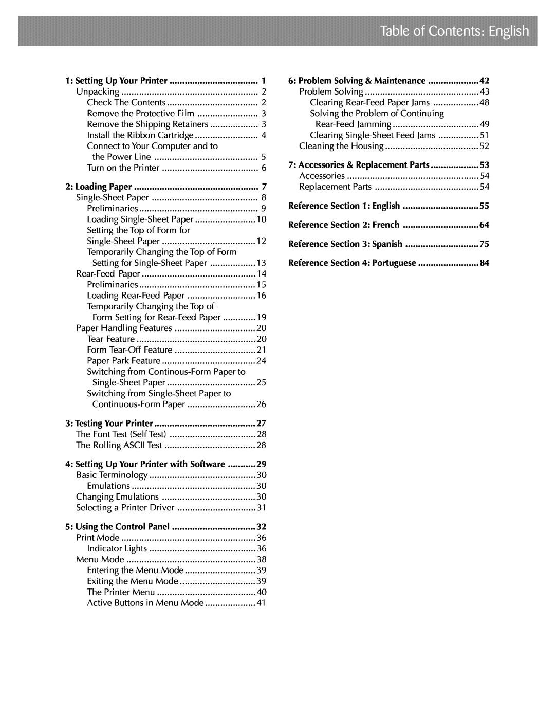 Oki ML590 manual Table of Contents English 