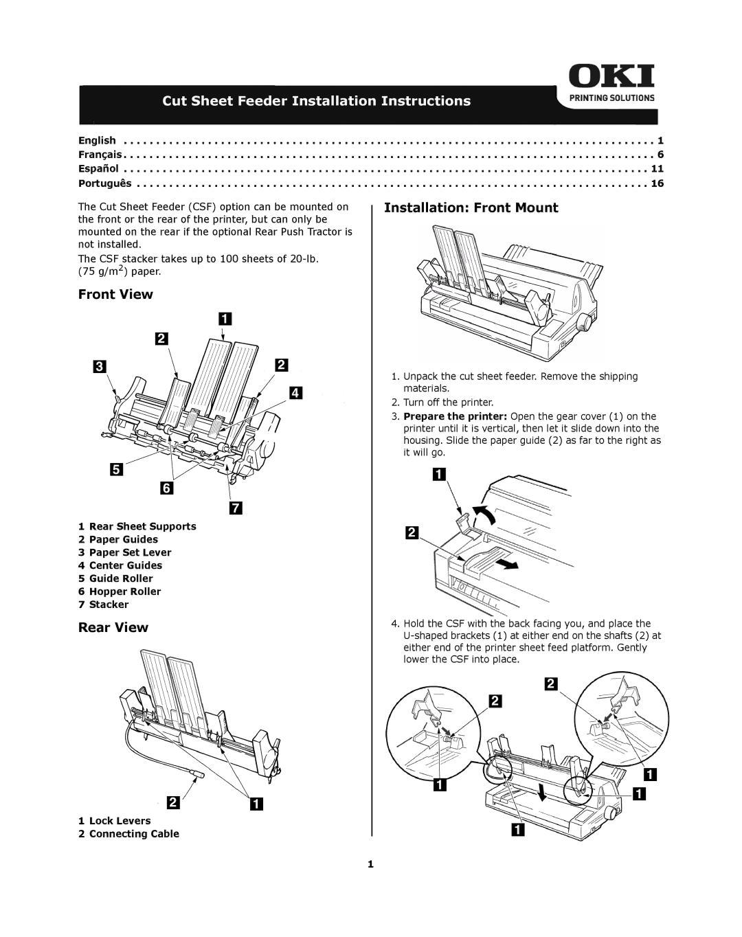 Oki ML8810n installation instructions Front View, Rear View, Installation Front Mount 