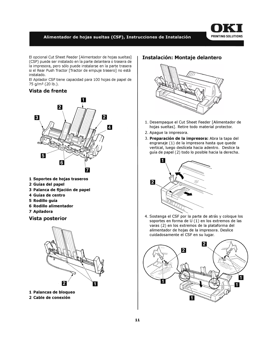 Oki ML8810n installation instructions Vista de frente, Vista posterior, Instalación Montaje delantero, Apague la impresora 