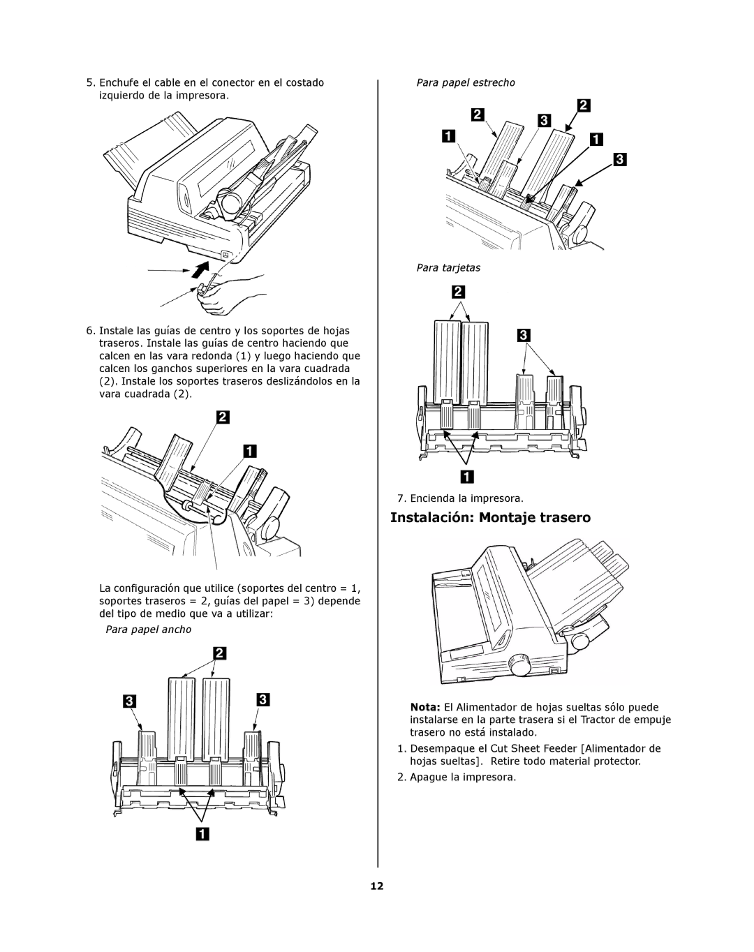 Oki ML8810n installation instructions Instalación Montaje trasero, Encienda la impresora 