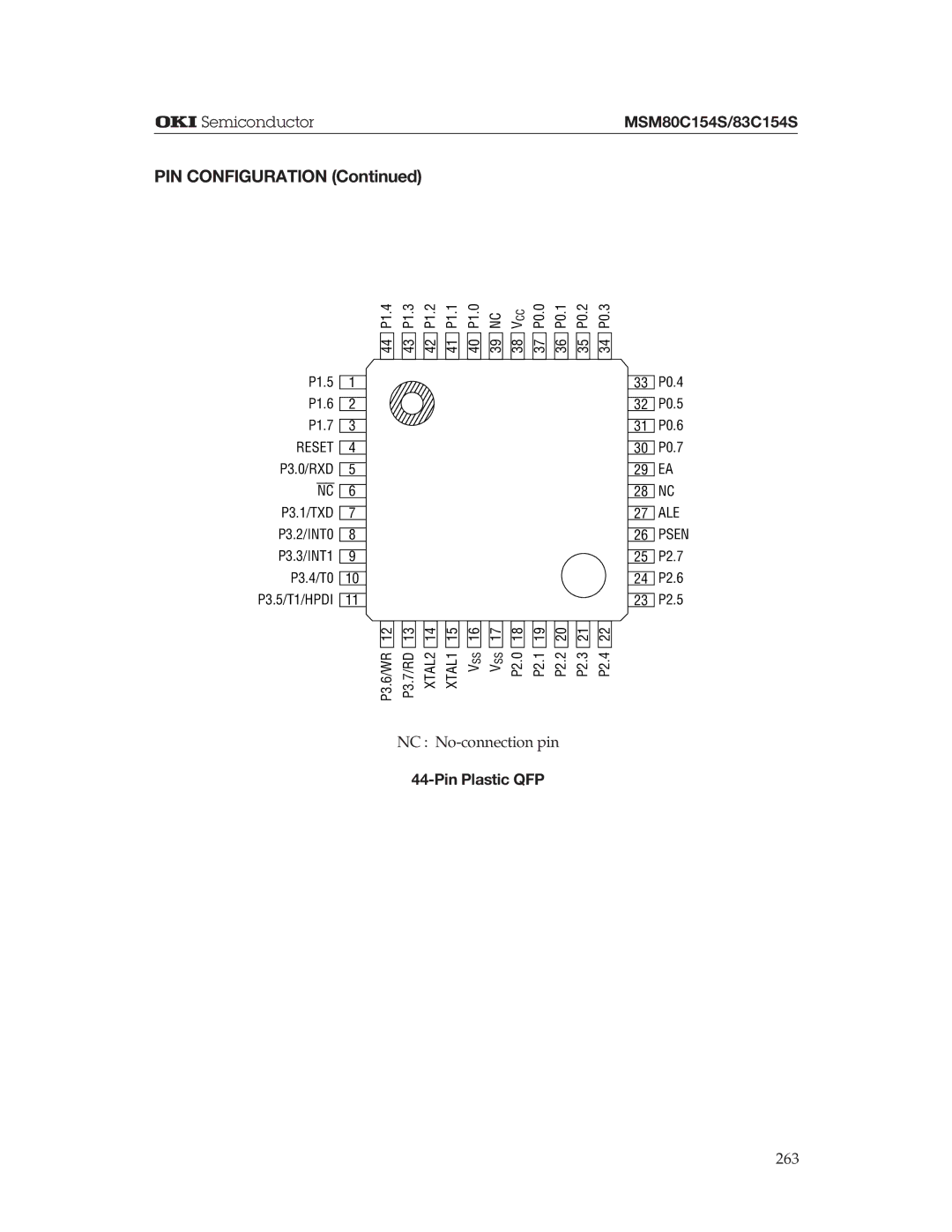 Oki MSM83C154S, MSM80C154S manual Pin Plastic QFP, 44 P1.4 P1.5 P1.6 P1.7, Reset, 25 P2.7 24 P2.6 23 P2.5 P2.4 