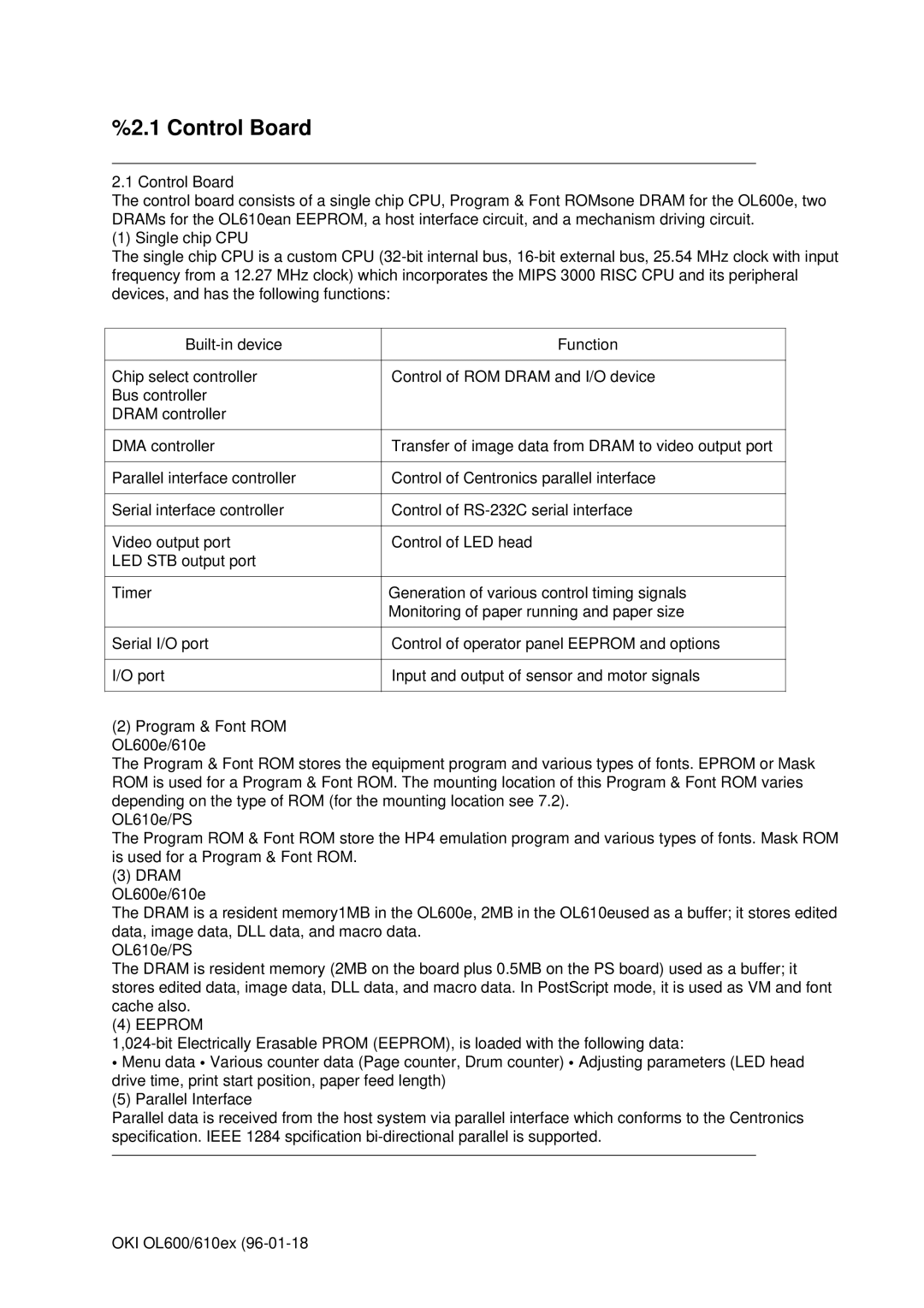 Oki OL610EPS, OL600E manual Control Board, Eeprom 