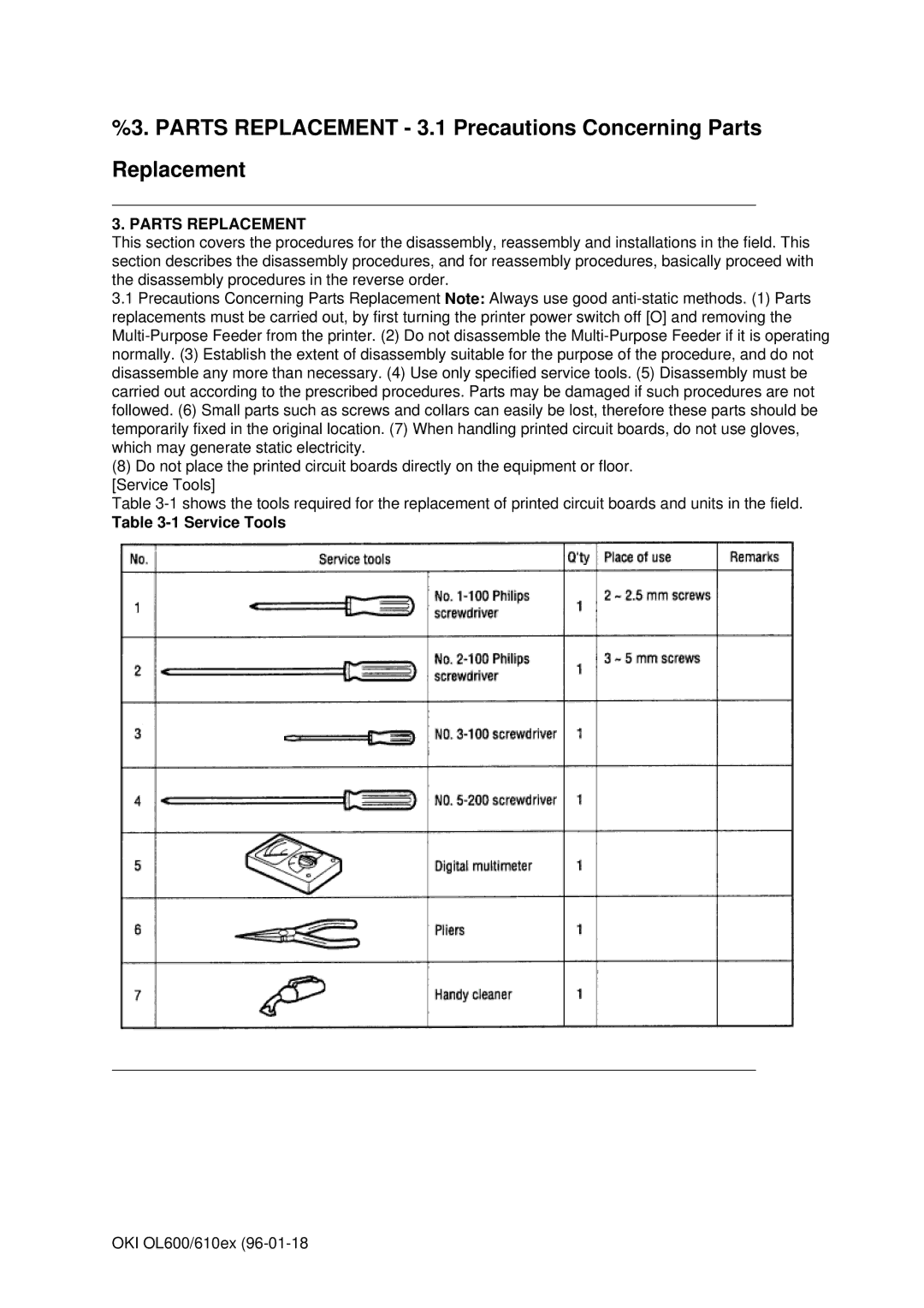 Oki OL600E, OL610EPS manual Parts Replacement 3.1 Precautions Concerning Parts 