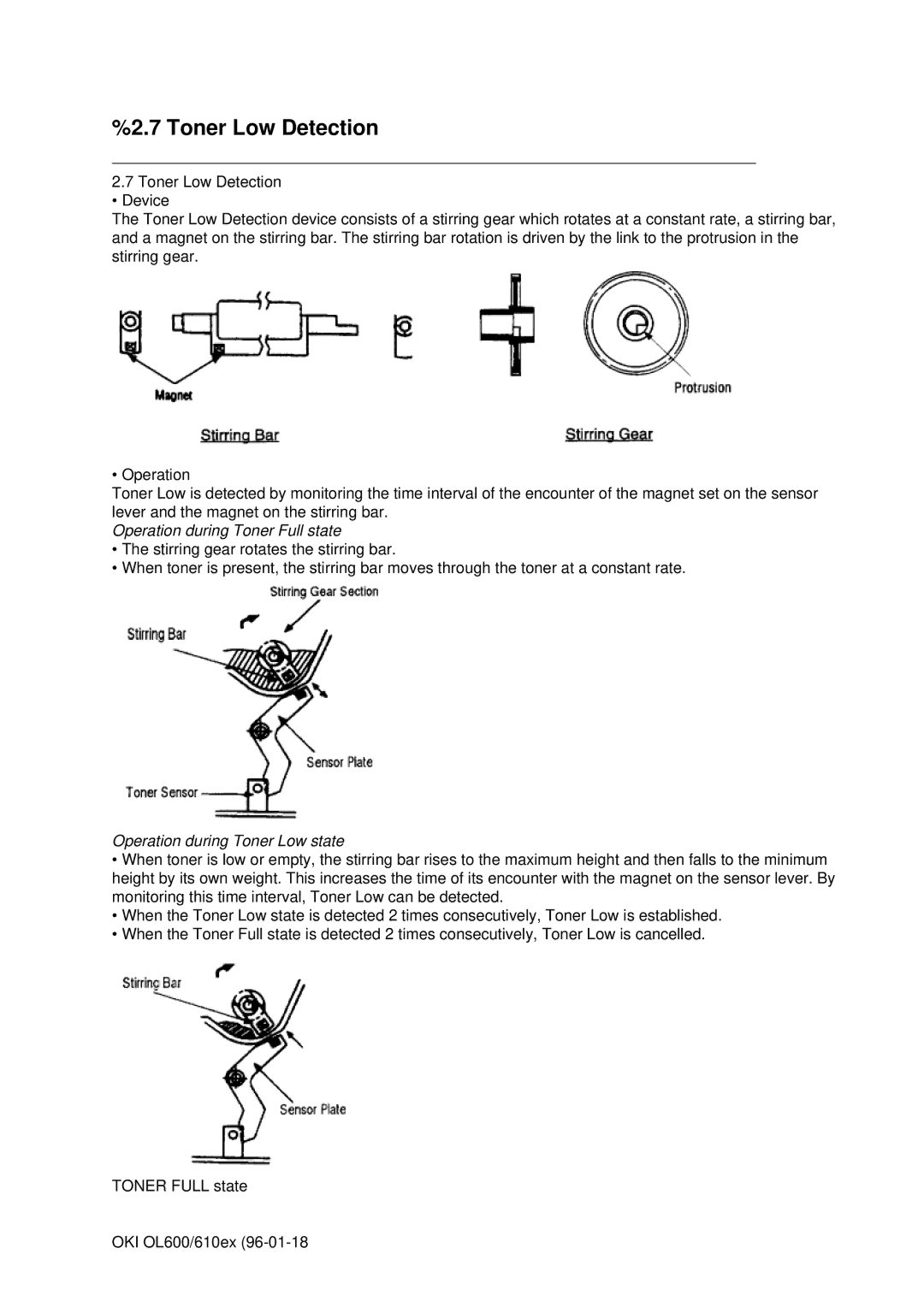Oki OL610EPS, OL600E manual Toner Low Detection, Operation during Toner Full state 