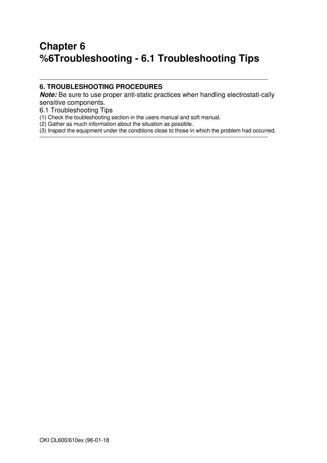 Oki OL610EPS, OL600E manual Troubleshooting 6.1 Troubleshooting Tips 