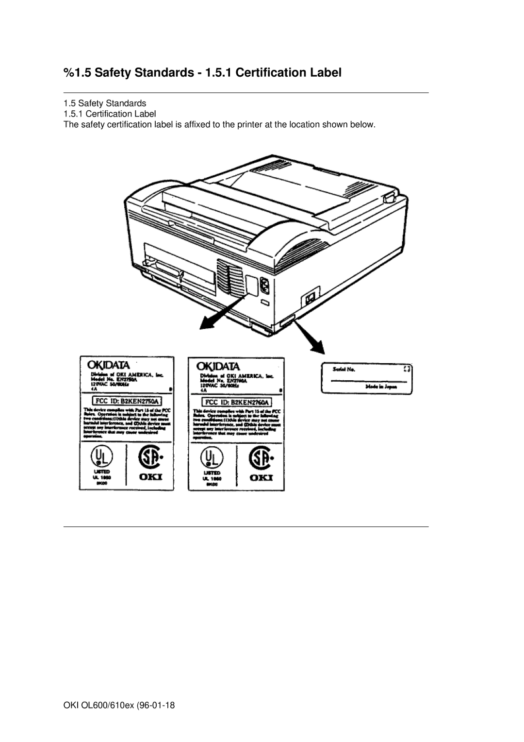 Oki OL600E, OL610EPS manual Safety Standards 1.5.1 Certification Label 