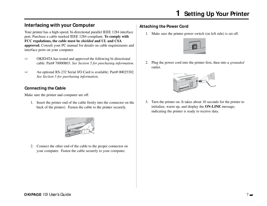 Oki PAGE 10I manual Interfacing with your Computer, Connecting the Cable, Attaching the Power Cord 