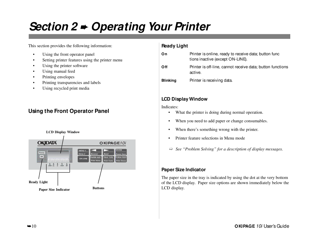 Oki PAGE 10I Operating Your Printer, Using the Front Operator Panel, Ready Light, LCD Display Window, Paper Size Indicator 