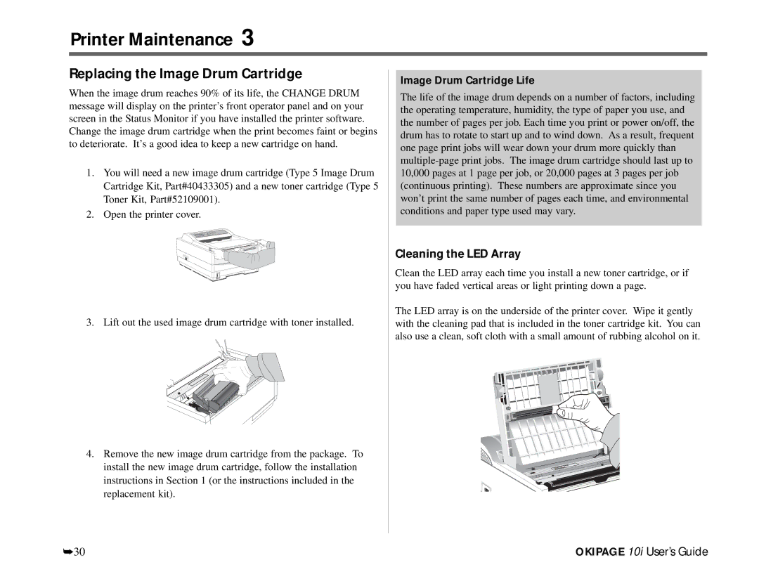 Oki PAGE 10I Printer Maintenance, Replacing the Image Drum Cartridge, Cleaning the LED Array, Image Drum Cartridge Life 