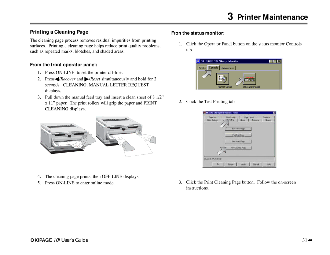 Oki PAGE 10I manual Printing a Cleaning, From the front operator panel, Fron the status monitor 