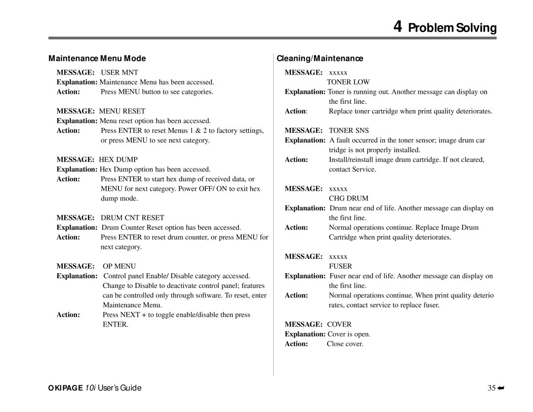 Oki PAGE 10I manual Maintenance Menu Mode, Cleaning/Maintenance, Message, Action 