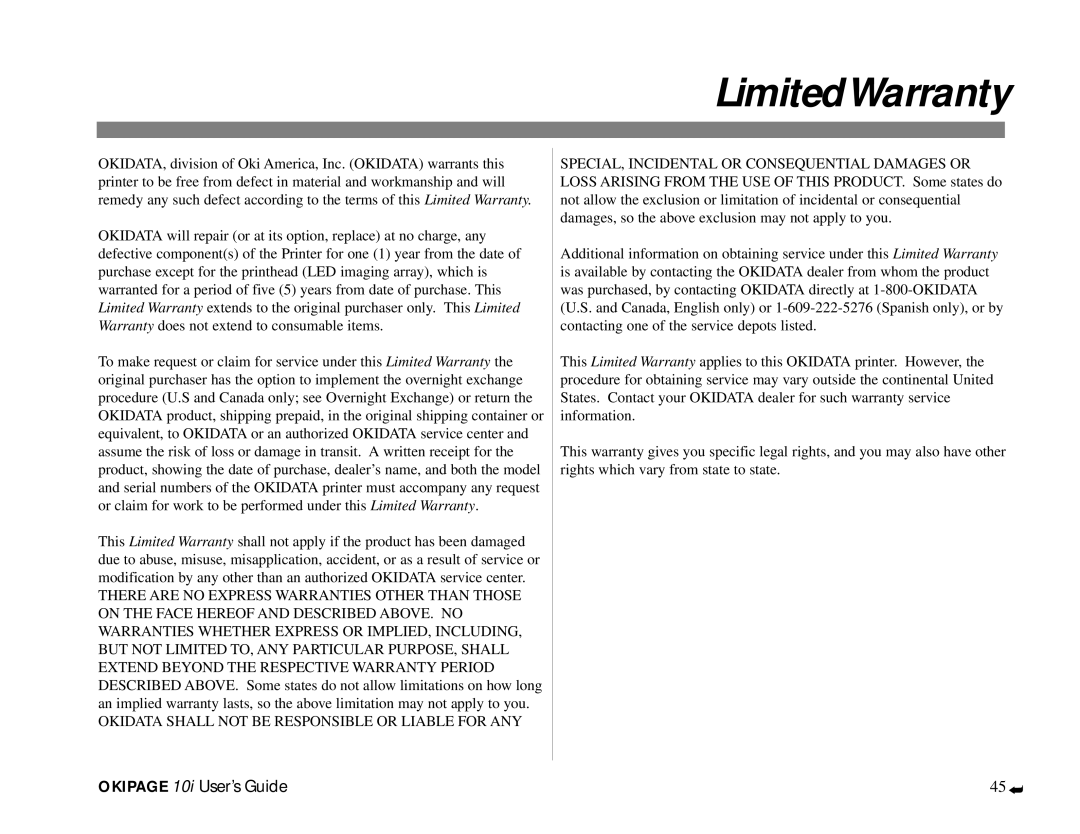 Oki PAGE 10I manual LimitedWarranty, Okidata Shall not be Responsible or Liable for ANY 