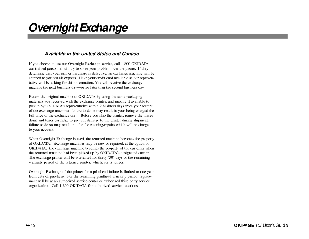 Oki PAGE 10I manual OvernightExchange, Available in the United States and Canada 