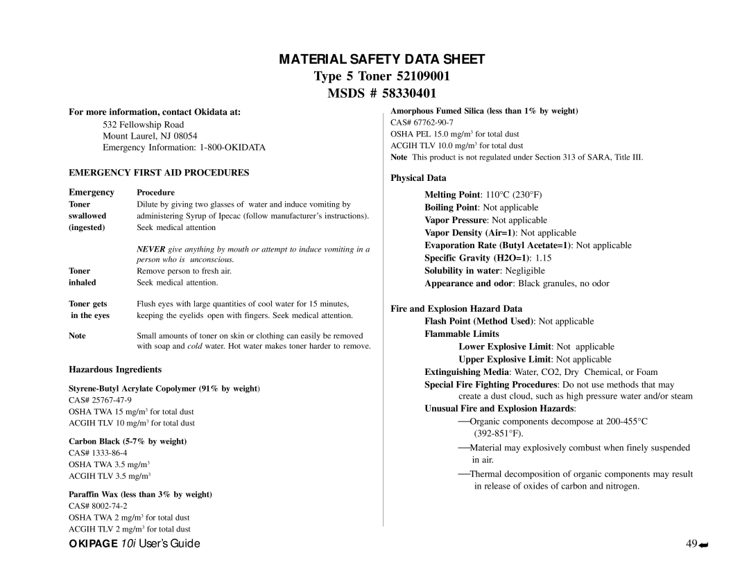 Oki PAGE 10I manual Material Safety Data Sheet 