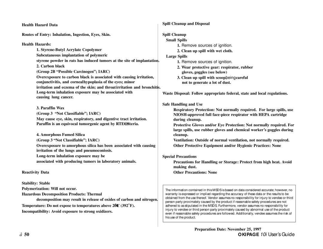 Oki PAGE 10I manual Health Hazard Data 