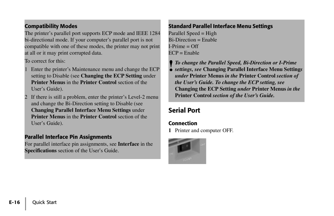 Oki PAGE 18 quick start Serial Port, Compatibility Modes, Parallel Interface Pin Assignments 