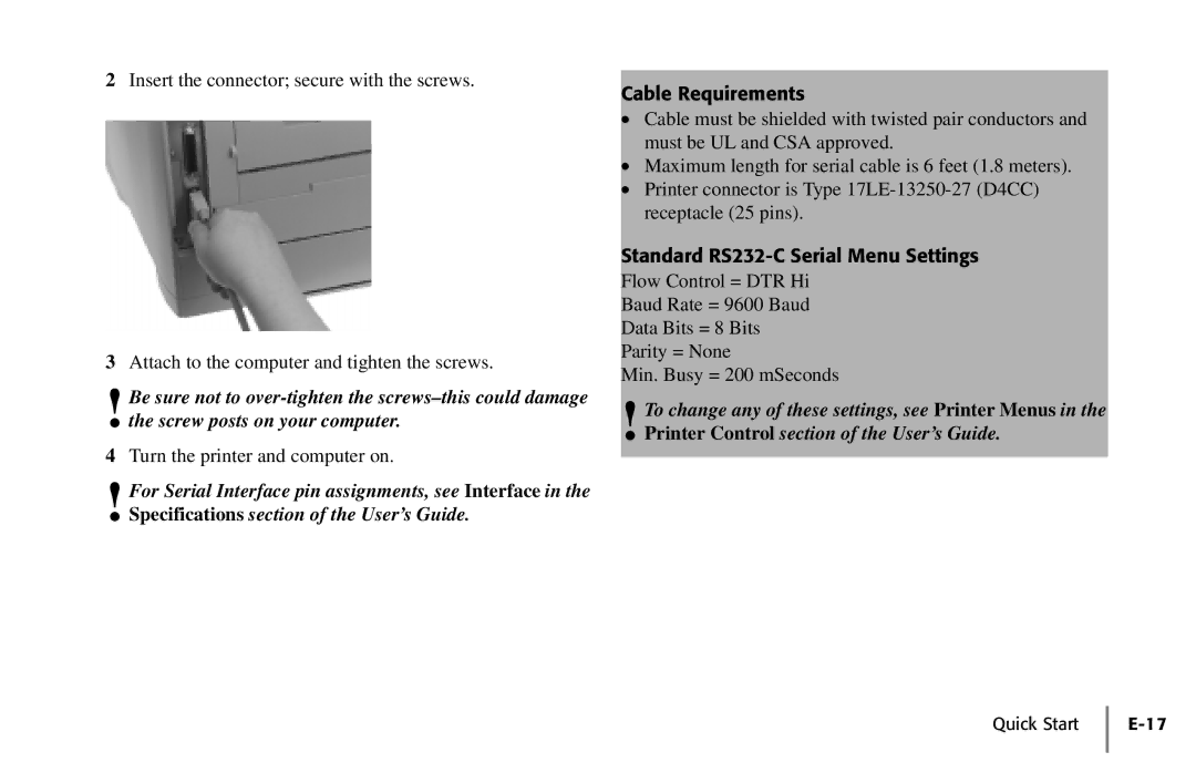 Oki PAGE 18 quick start Standard RS232-C Serial Menu Settings 