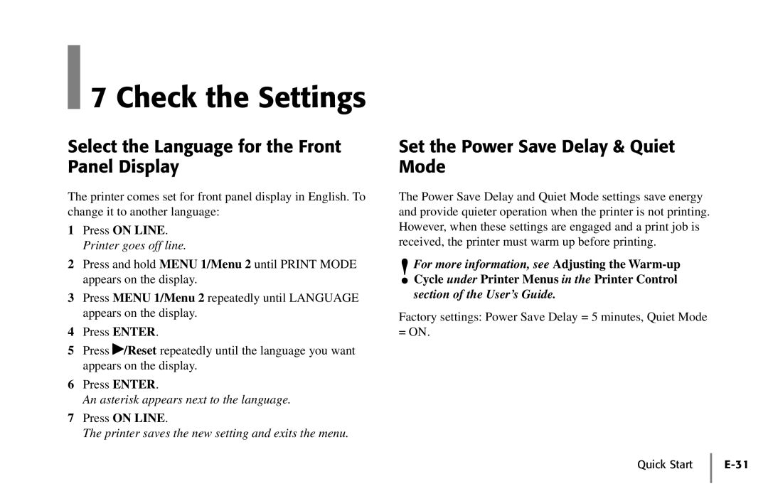 Oki PAGE 18 Check the Settings, Select the Language for the Front Panel Display, Set the Power Save Delay & Quiet Mode 