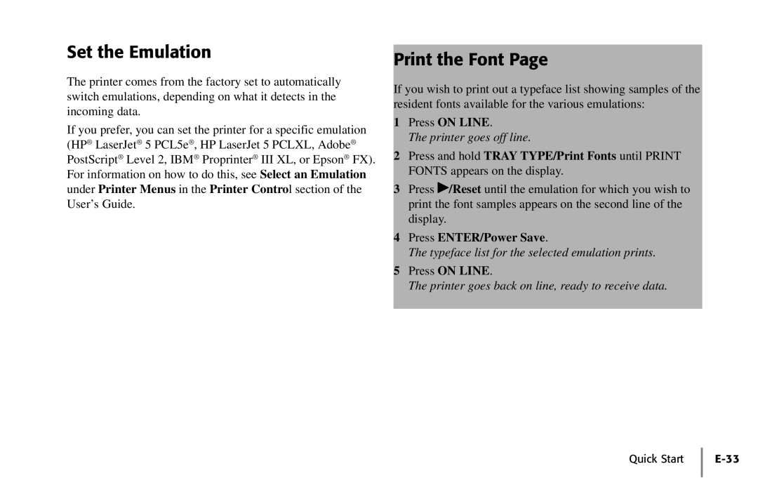 Oki PAGE 18 quick start Set the Emulation, Print the Font, Typeface list for the selected emulation prints 