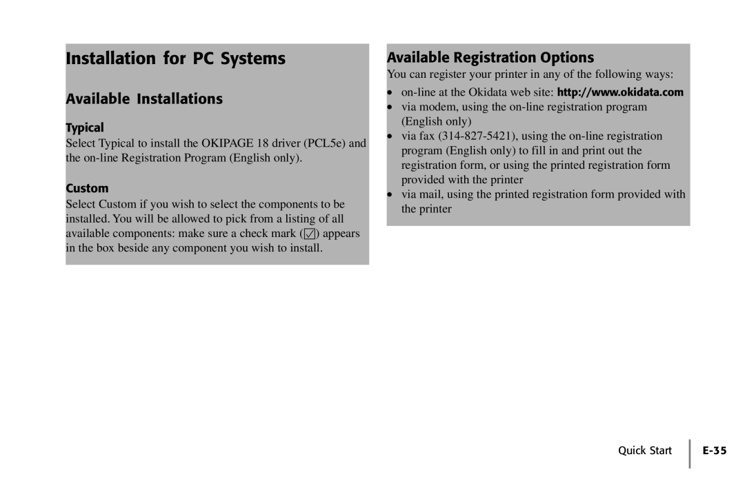 Oki PAGE 18 Installation for PC Systems, Available Installations, Available Registration Options, Typical, Custom 