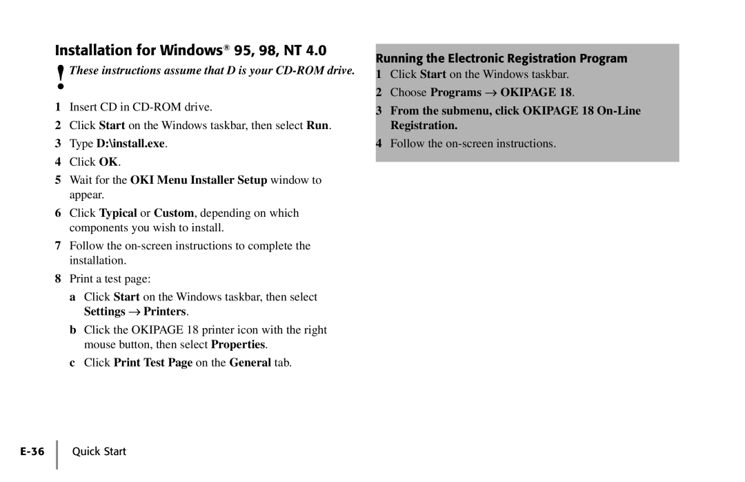 Oki PAGE 18 quick start Installation for Windows 95, 98, NT, Running the Electronic Registration Program 