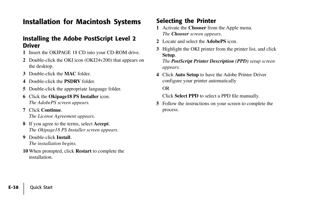 Oki PAGE 18 Installation for Macintosh Systems, Installing the Adobe PostScript Level 2 Driver, Selecting the Printer 