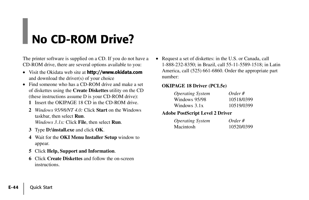 Oki PAGE 18 quick start No CD-ROM Drive?, Operating System Order #, Windows 95/98/NT 4.0 Click Start on the Windows 