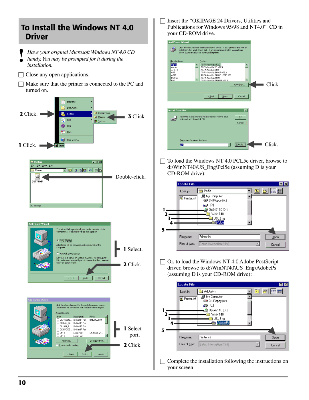 Oki PAGE 24 quick start To Install the Windows NT 4.0 Driver 