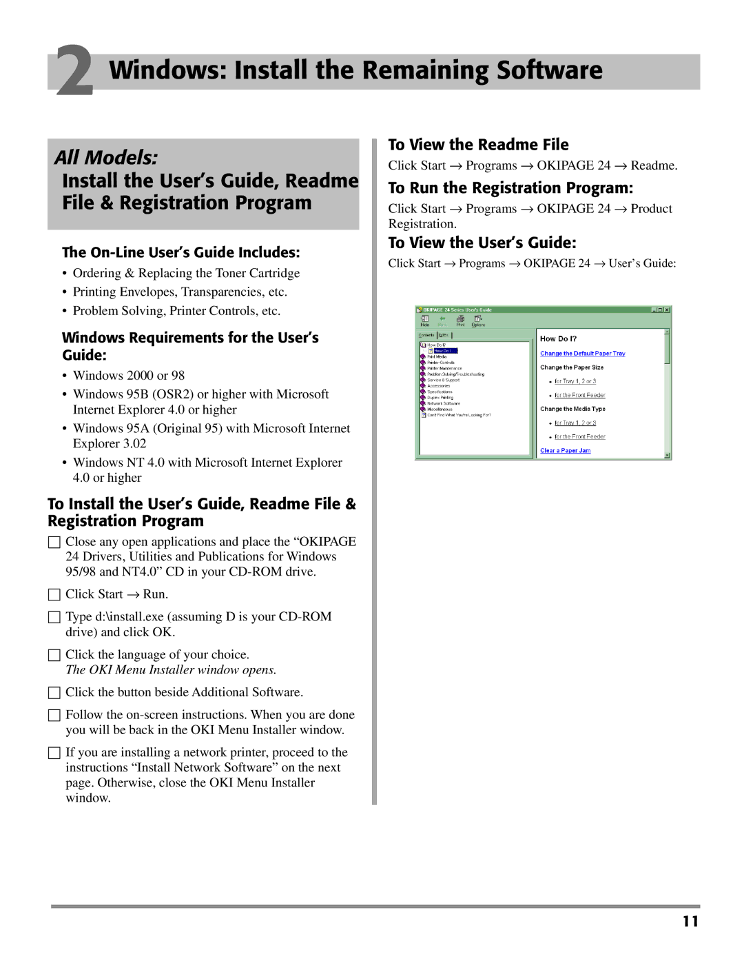Oki PAGE 24 quick start Windows Install the Remaining Software, OKI Menu Installer window opens 
