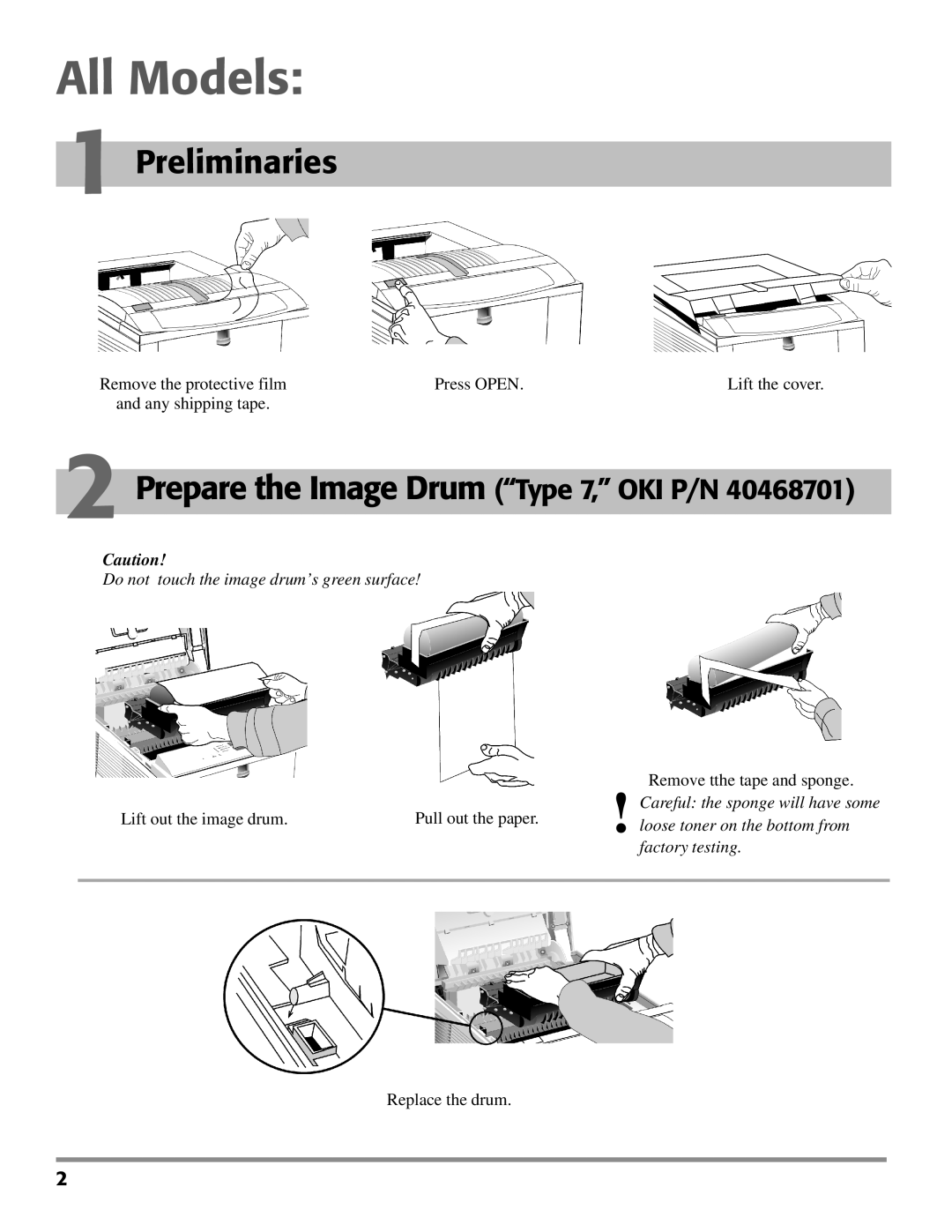 Oki PAGE 24 All Models, Preliminaries, Do not touch the image drum’s green surface, Careful the sponge will have some 