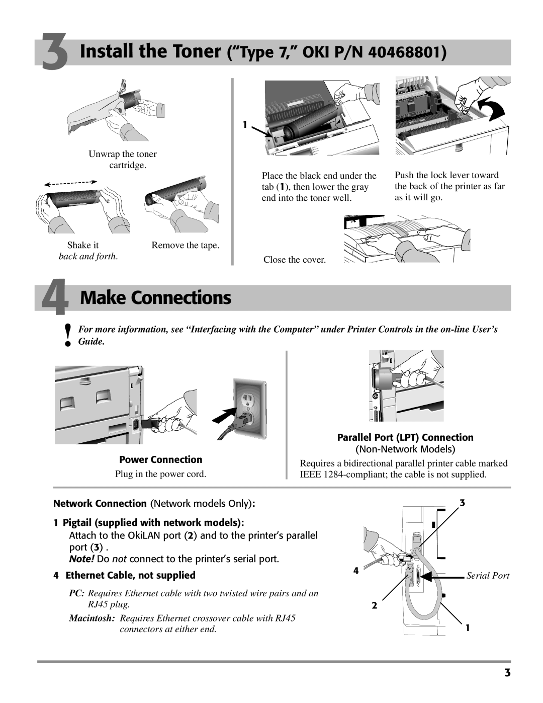 Oki PAGE 24 quick start Make Connections, Back and forth, Power Connection, Parallel Port LPT Connection Non-Network Models 