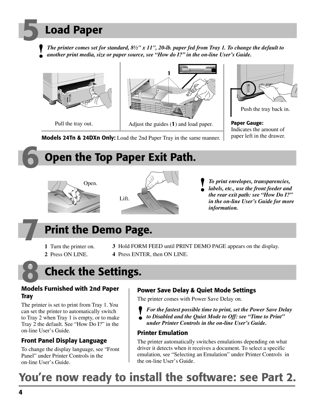 Oki PAGE 24 quick start Load Paper, Open the Top Paper Exit Path, Print the Demo, Check the Settings 