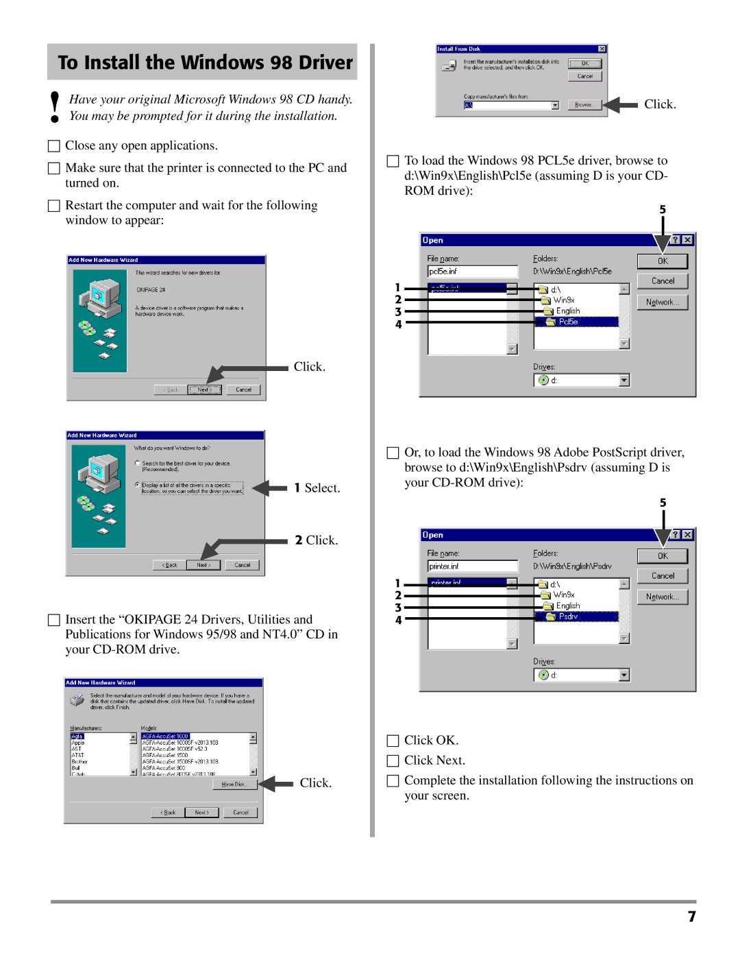 Oki PAGE 24 quick start To Install the Windows 98 Driver 