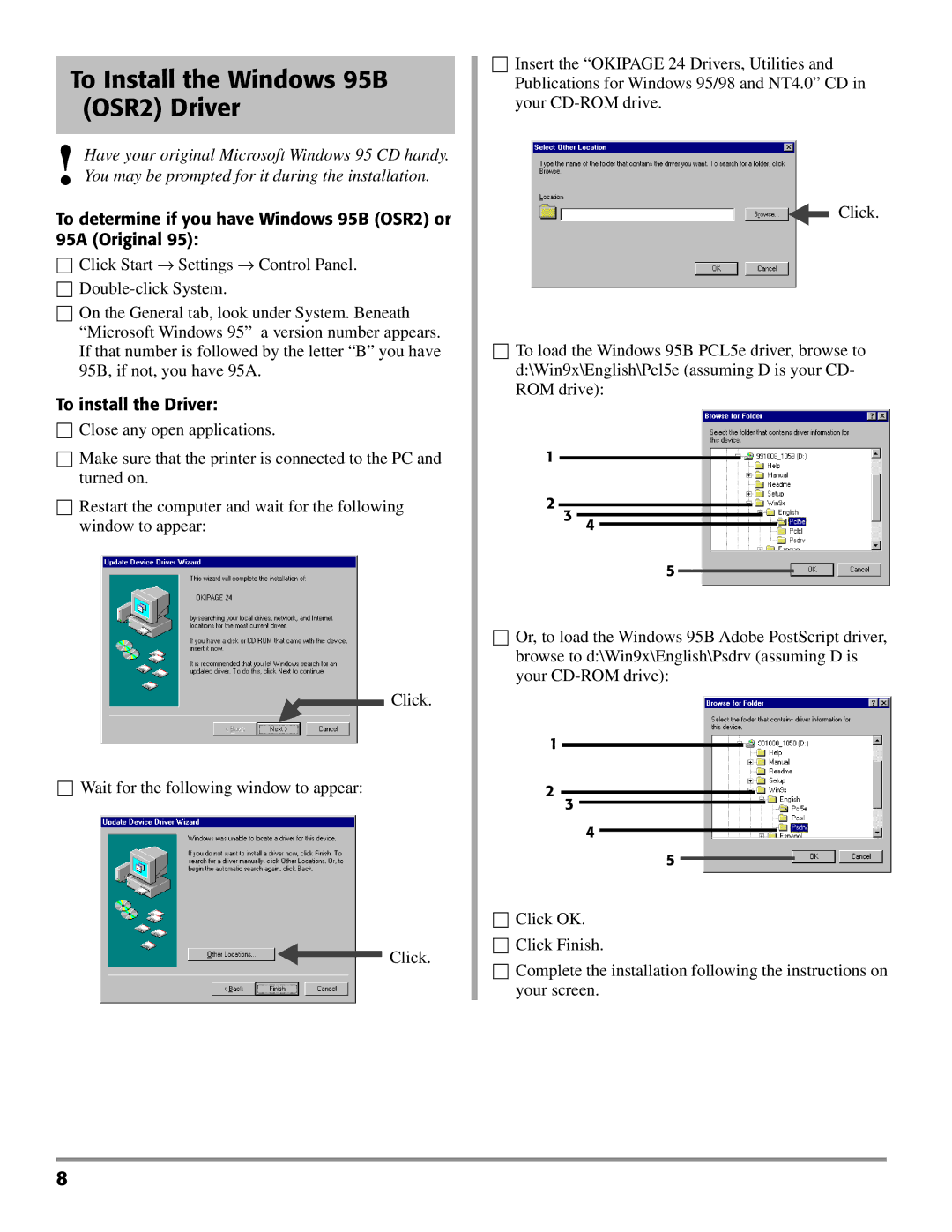 Oki PAGE 24 quick start To Install the Windows 95B OSR2 Driver, To determine if you have Windows 95B OSR2 or 95A Original 