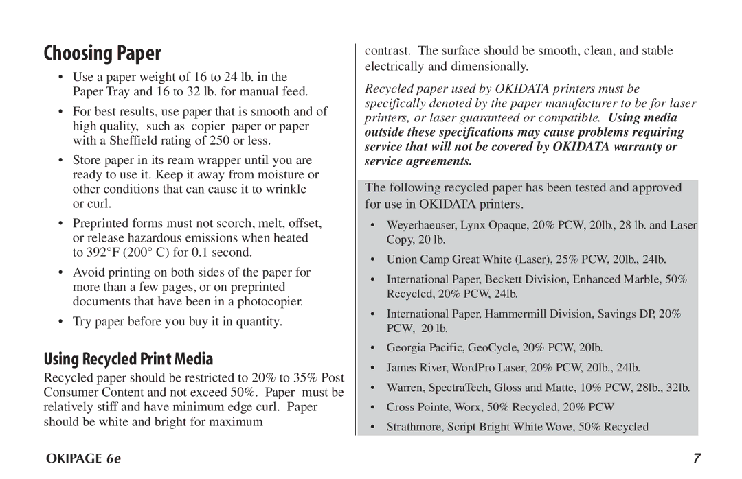 Oki PAGE 6E manual Choosing Paper, Using Recycled Print Media 