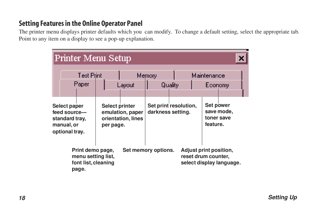 Oki PAGE 6E manual Setting Features in the Online Operator Panel 