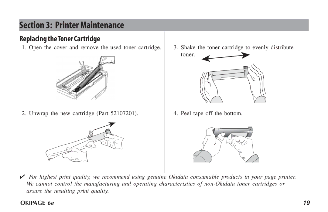 Oki PAGE 6E manual Printer Maintenance, Replacing theToner Cartridge 