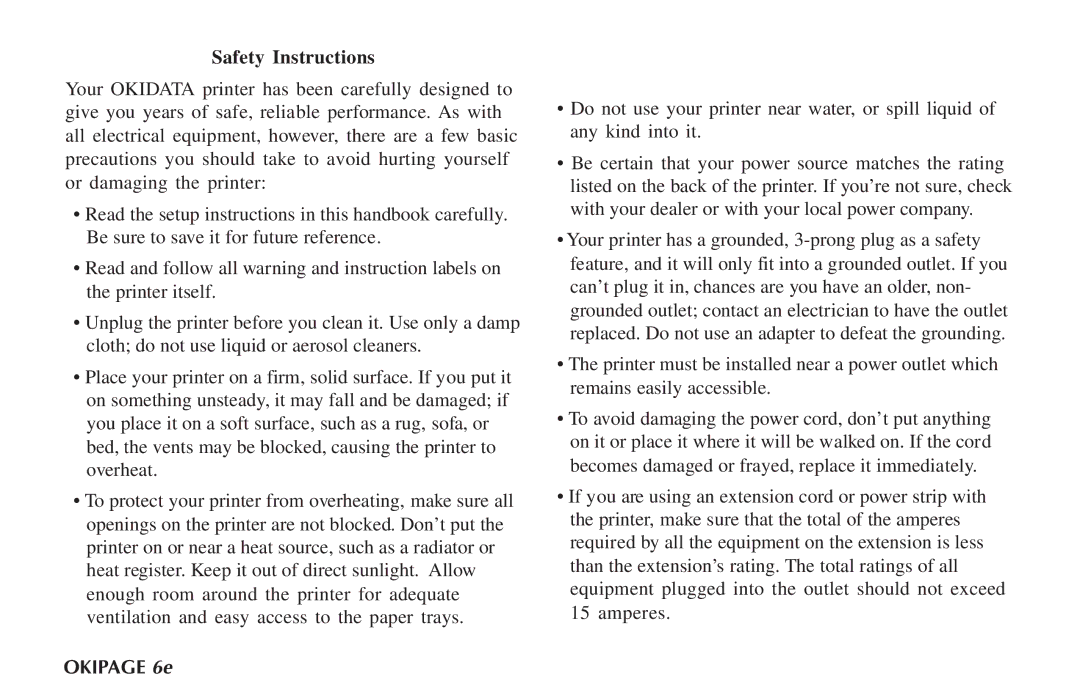 Oki PAGE 6E manual Safety Instructions, Okipage 6e 