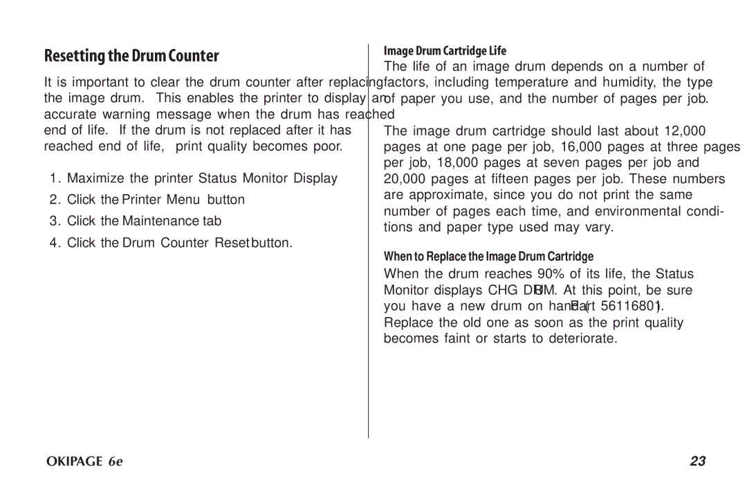 Oki PAGE 6E manual Resetting the Drum Counter, Image Drum Cartridge Life 