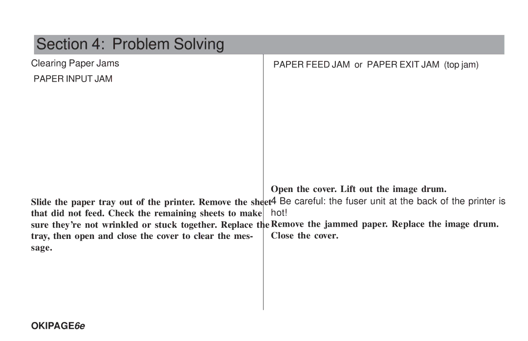 Oki PAGE 6E manual Problem Solving, Clearing Paper Jams 