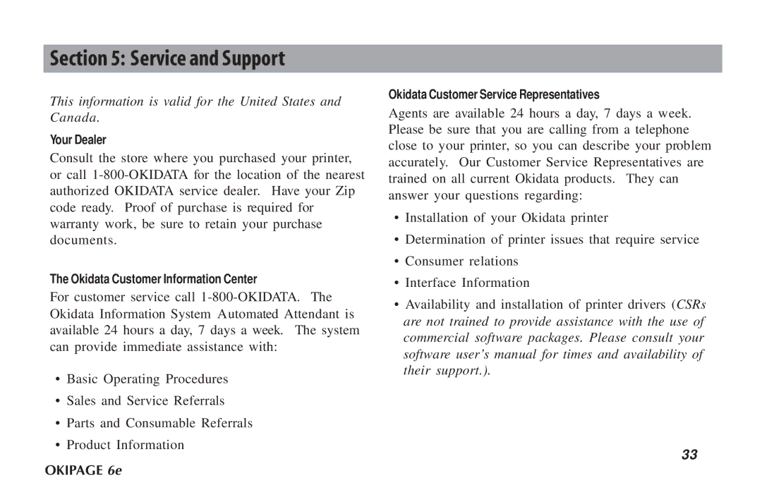 Oki PAGE 6E manual Service and Support, This information is valid for the United States and Canada 