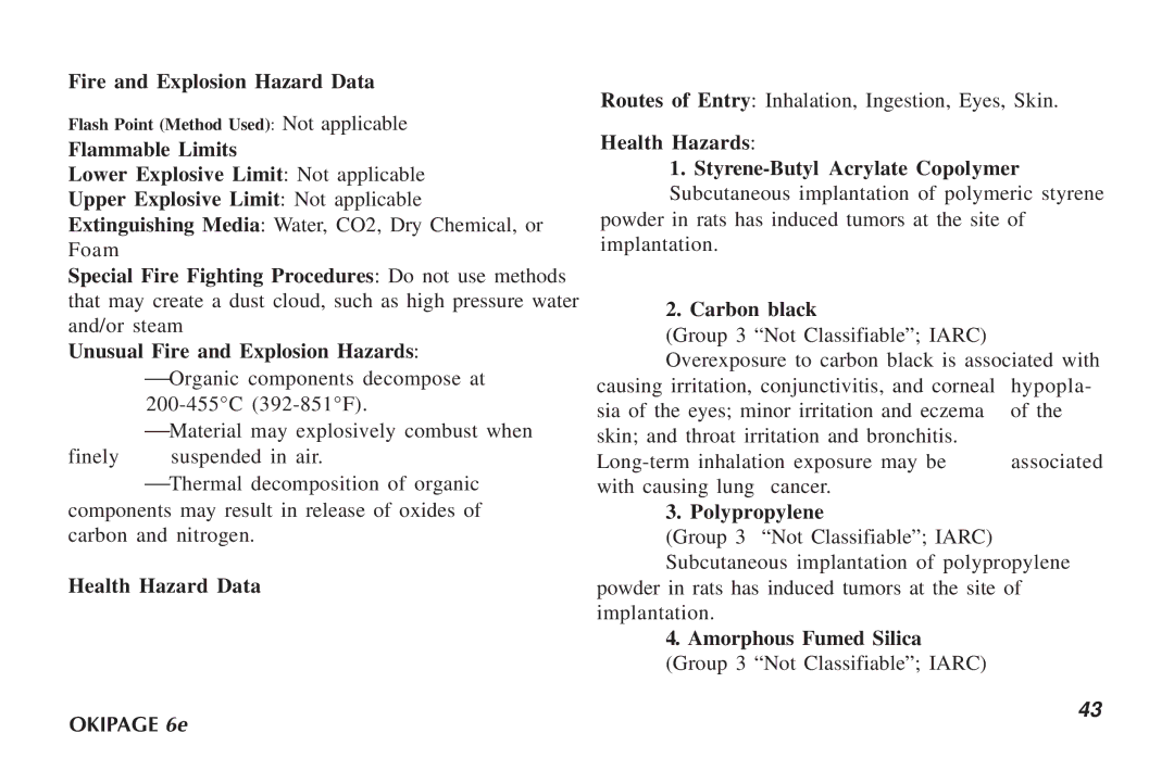 Oki PAGE 6E manual Fire and Explosion Hazard Data, Health Hazard Data, Carbon black, Polypropylene 