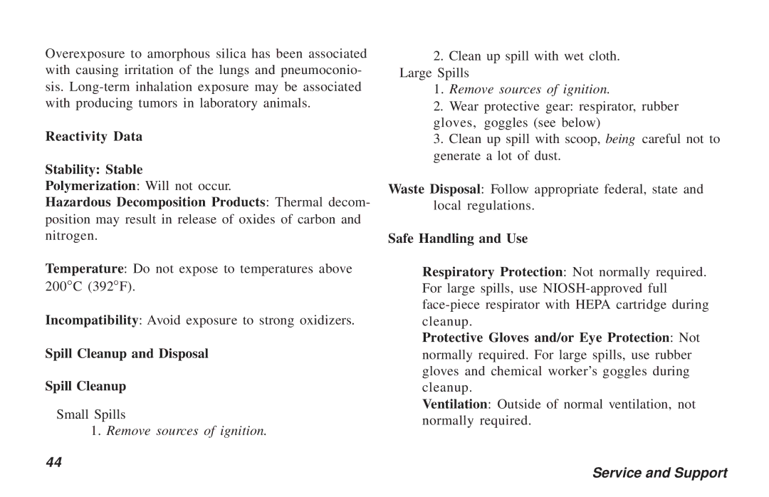 Oki PAGE 6E manual Reactivity Data Stability Stable, Spill Cleanup and Disposal, Safe Handling and Use 