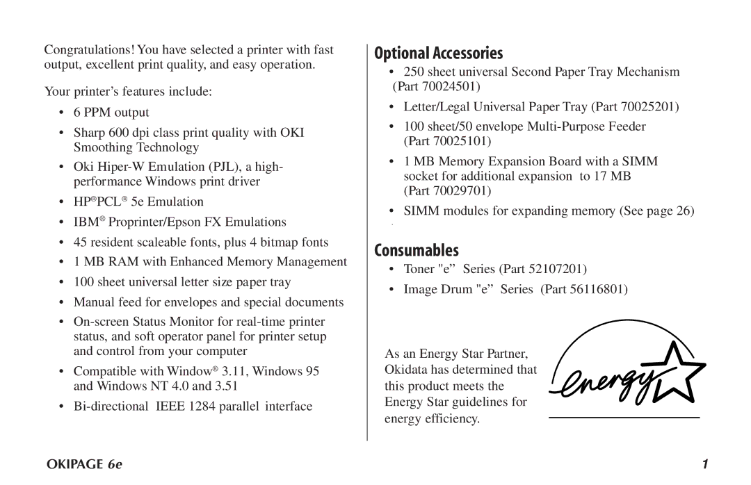 Oki PAGE 6E manual Optional Accessories, Consumables 