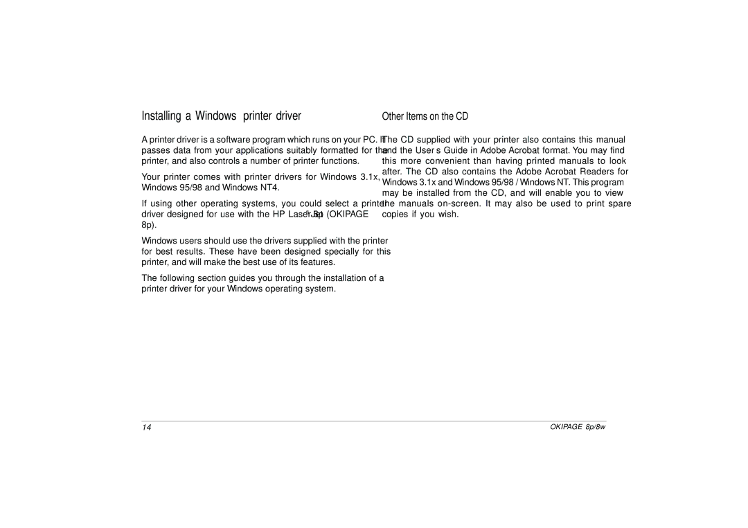 Oki PAGE 8P, PAGE 8W setup guide Installing a Windows printer driver 