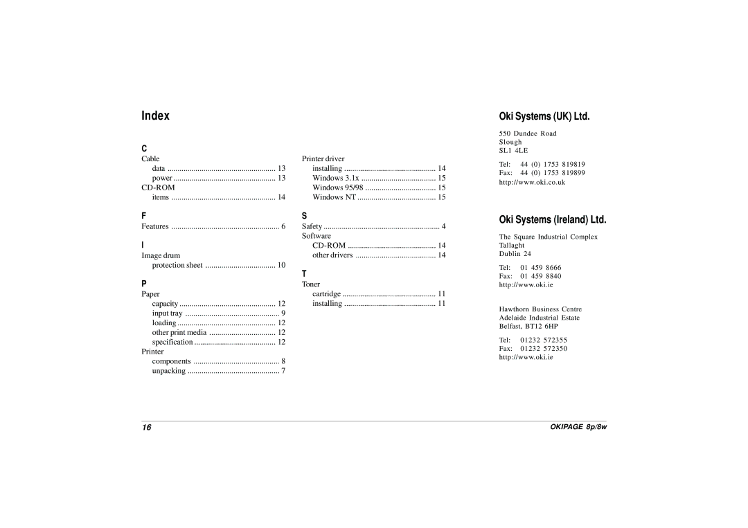 Oki PAGE 8P, PAGE 8W setup guide Index, Cd-Rom 