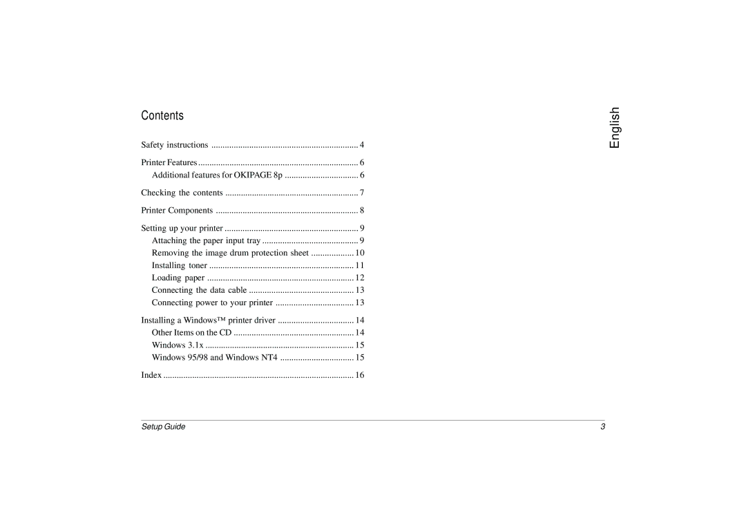 Oki PAGE 8W, PAGE 8P setup guide English, Contents 