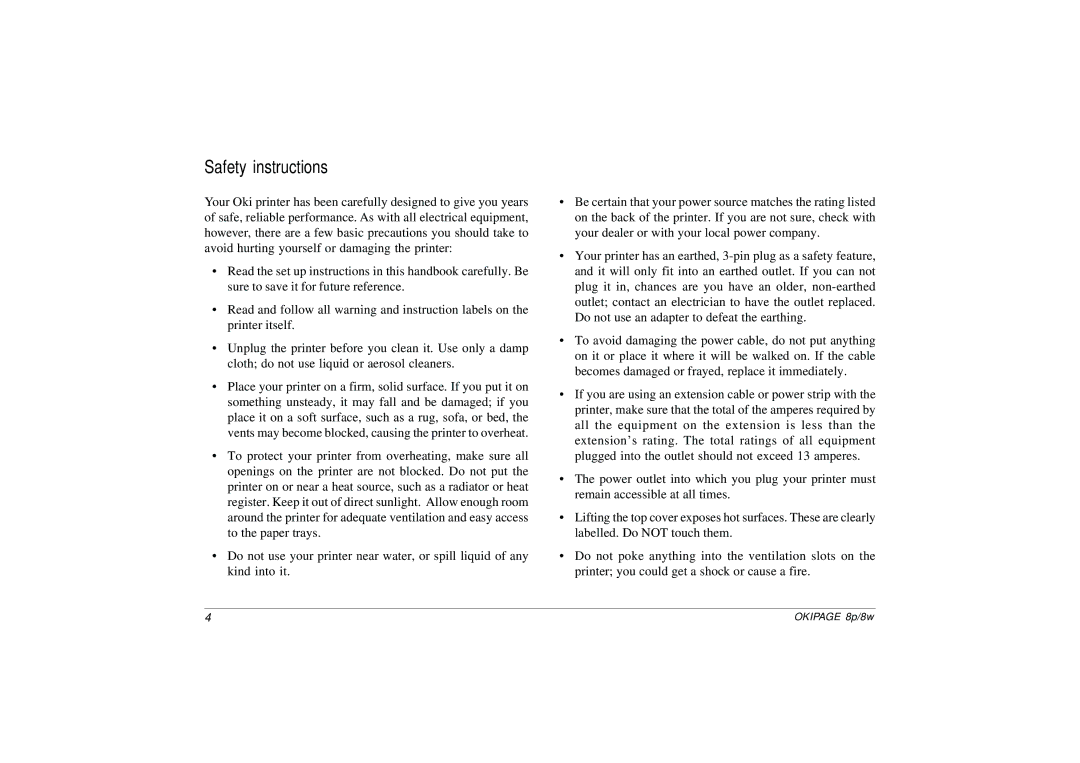 Oki PAGE 8P, PAGE 8W setup guide Safety instructions 